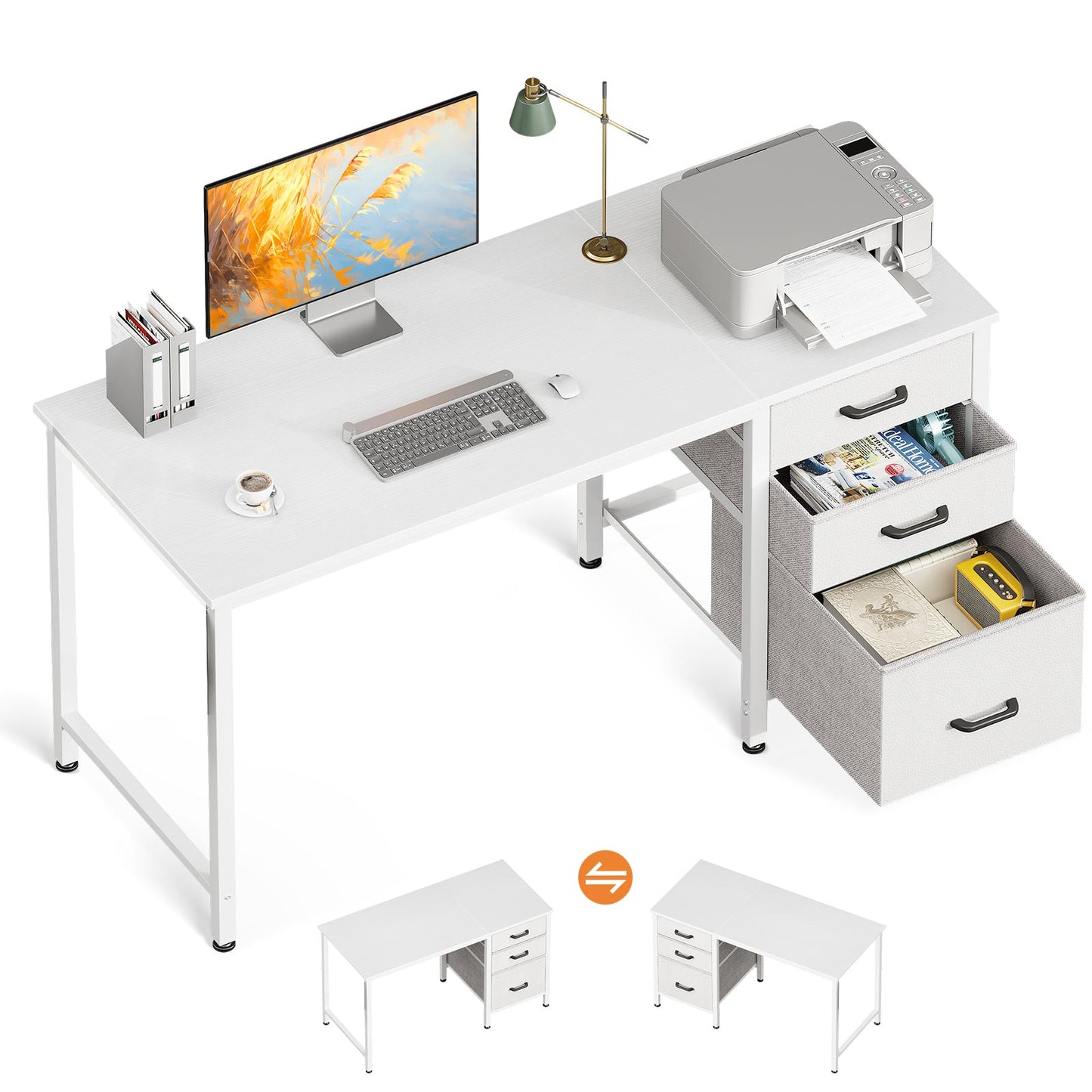 White single-side 3-drawer office desk with fabric drawers, spacious desktop, printer and monitor setup, reversible drawer cabinet design, product display on white background.