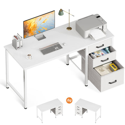 White single-side 3-drawer office desk with fabric drawers, spacious desktop, printer and monitor setup, reversible drawer cabinet design, product display on white background.