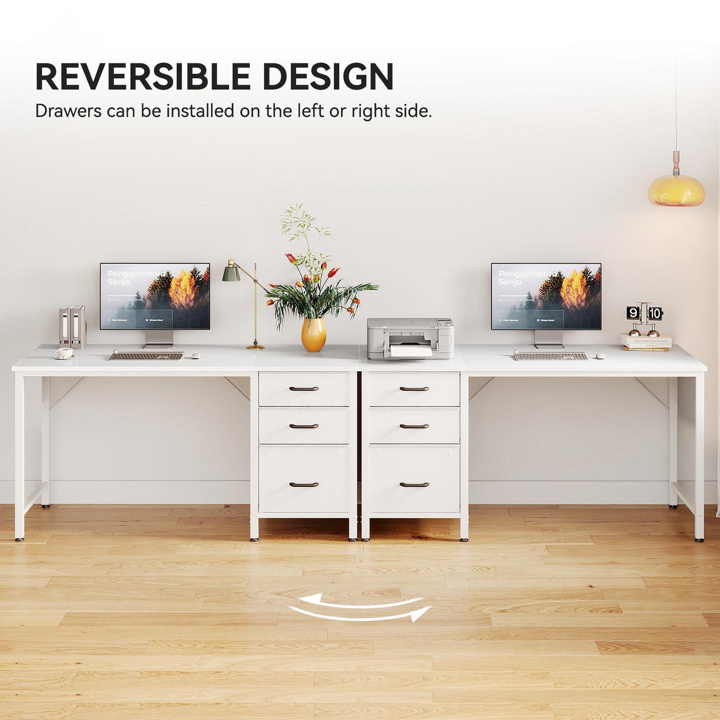 Reversible design display of white 3-drawer desk with drawer cabinet installed on either left or right side for flexible home office layout.