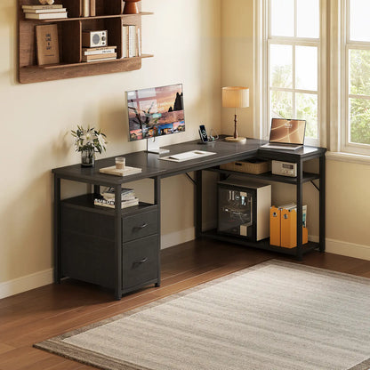 Coleshome black small L-shaped desk with 2 under-desk drawers lifestyle main view