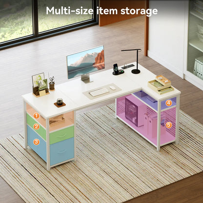 Coleshome white small L-shaped desk with 2 under-desk drawers detail functional design