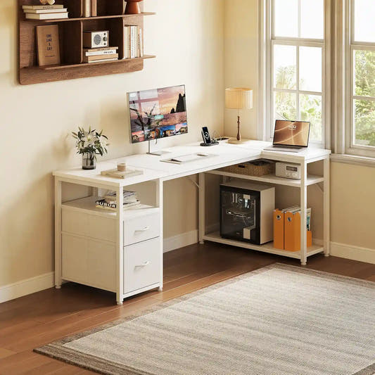 Coleshome white small L-shaped desk with 2 under-desk drawers lifestyle main view