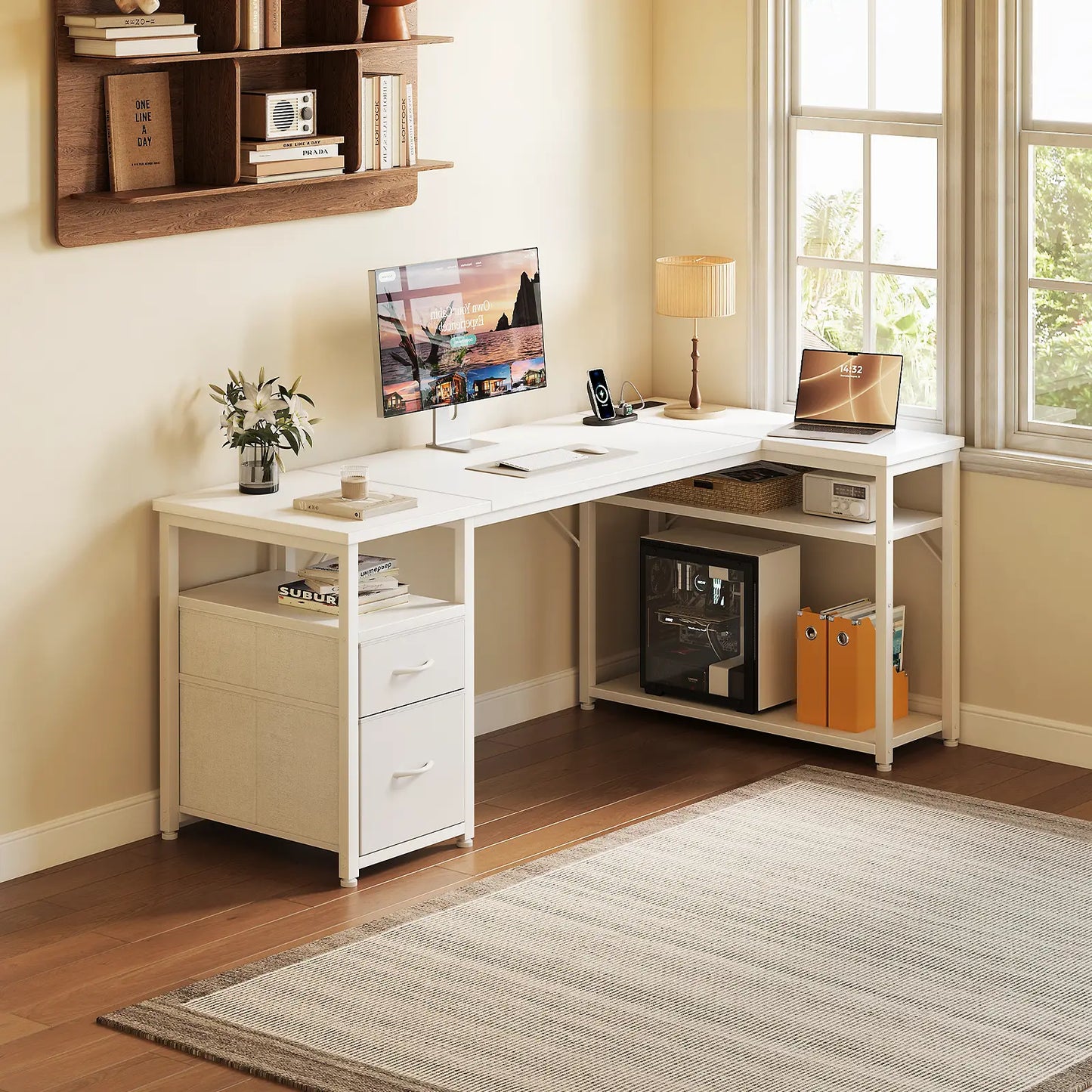 Coleshome white small L-shaped desk with 2 under-desk drawers lifestyle main view