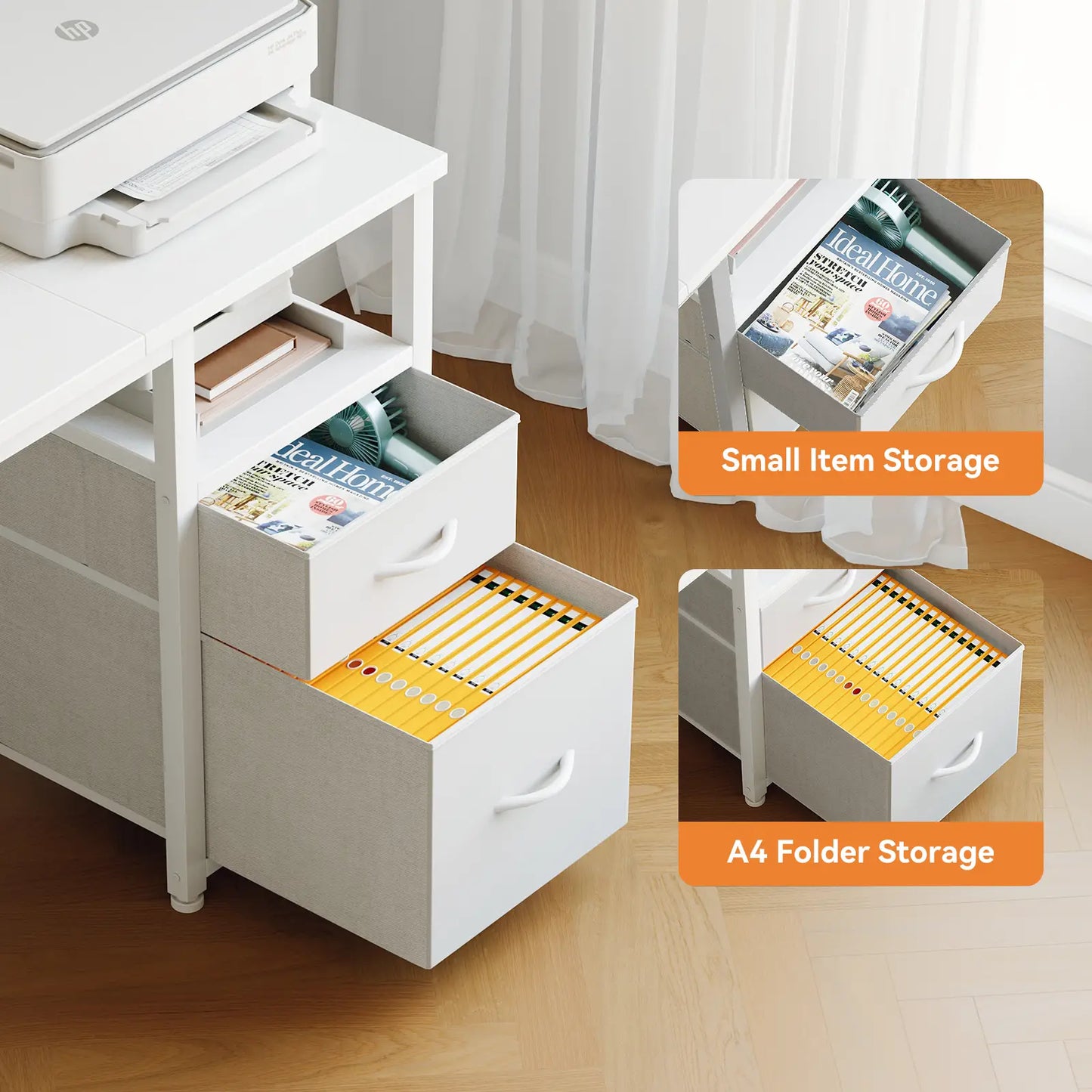 Coleshome white small L-shaped desk with 2 under-desk drawers measurement space saving