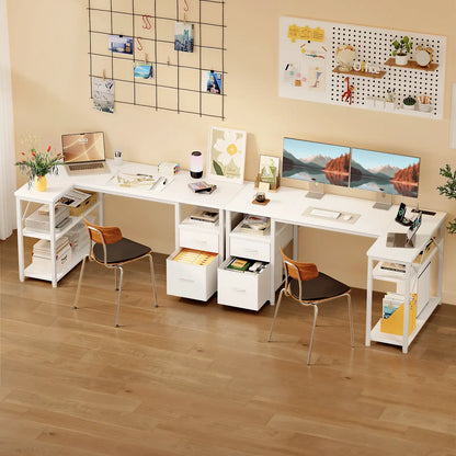 Coleshome white small L-shaped desk with 2 under-desk drawers storage organization