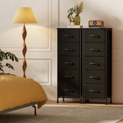 Coleshome black narrow fabric dresser set with 10 drawers, double slim storage tower cabinet for bedroom clothes organization beside a floor lamp