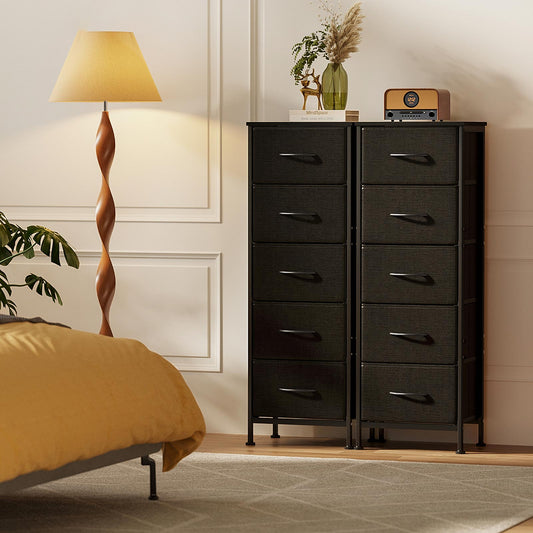 Coleshome black narrow fabric dresser set with 10 drawers, double slim storage tower cabinet for bedroom clothes organization beside a floor lamp