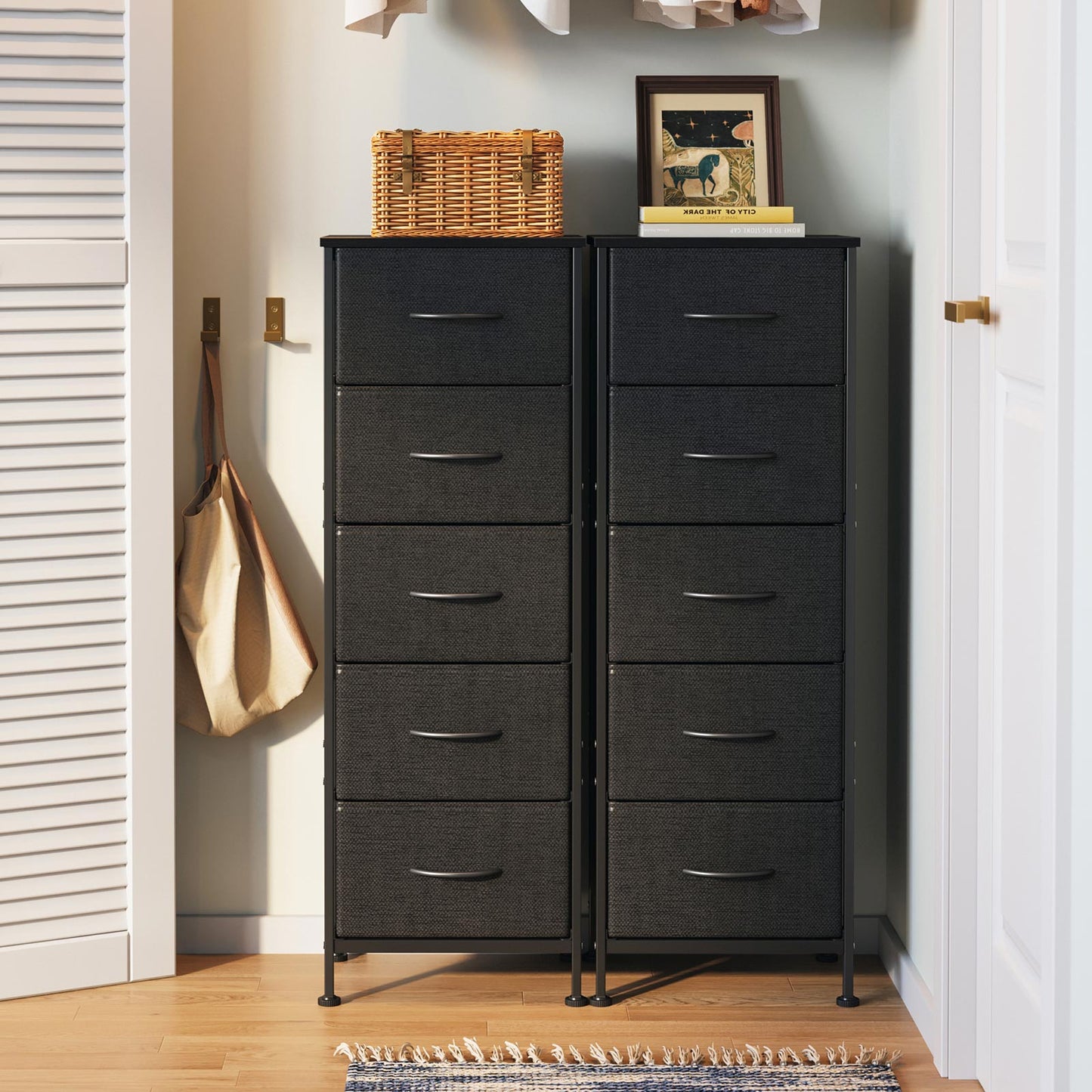 Coleshome black slim fabric dresser cabinets for closet organization, double narrow drawer towers used in an entryway wardrobe space