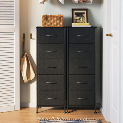 Coleshome black slim fabric dresser cabinets for closet organization, double narrow drawer towers used in an entryway wardrobe space