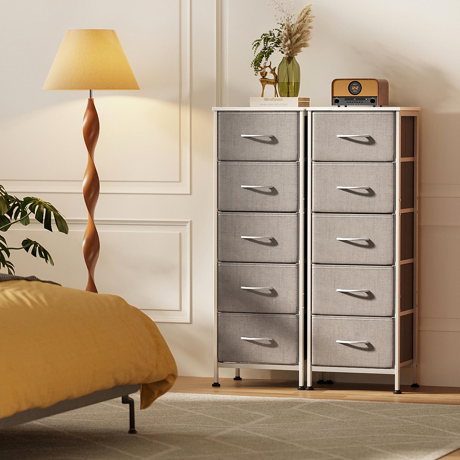 Coleshome gray narrow fabric dresser set with 10 drawers, double slim storage tower cabinet for bedroom and closet storage in small spaces