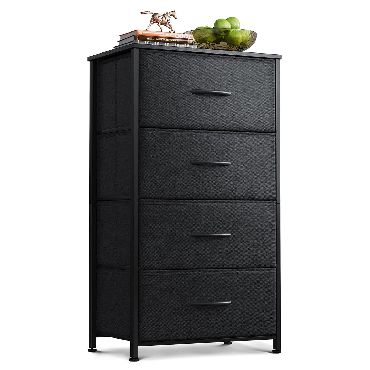 Coleshome 4-tier 4-drawer fabric dresser in black with black metal frame and top, single-unit product image on white background