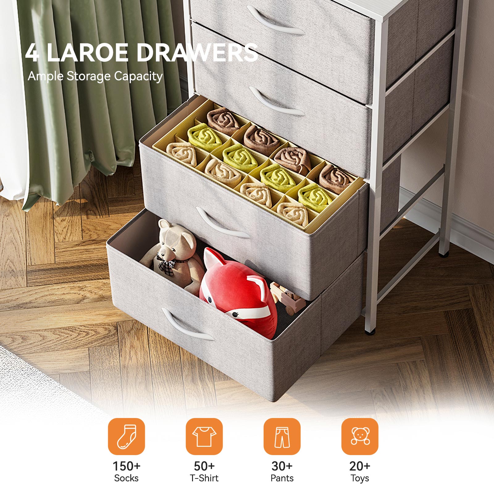 Gray Coleshome 4-tier 4-drawer fabric dresser with open drawers showing large storage capacity for socks, T-shirts, pants, and toys.