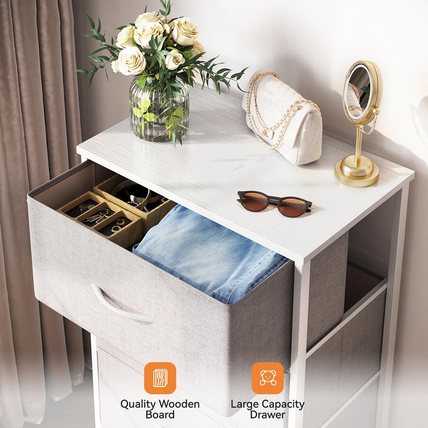 Close-up of Coleshome gray 4-drawer fabric dresser with white wood top and large drawer, showing organized jewelry and folded clothing