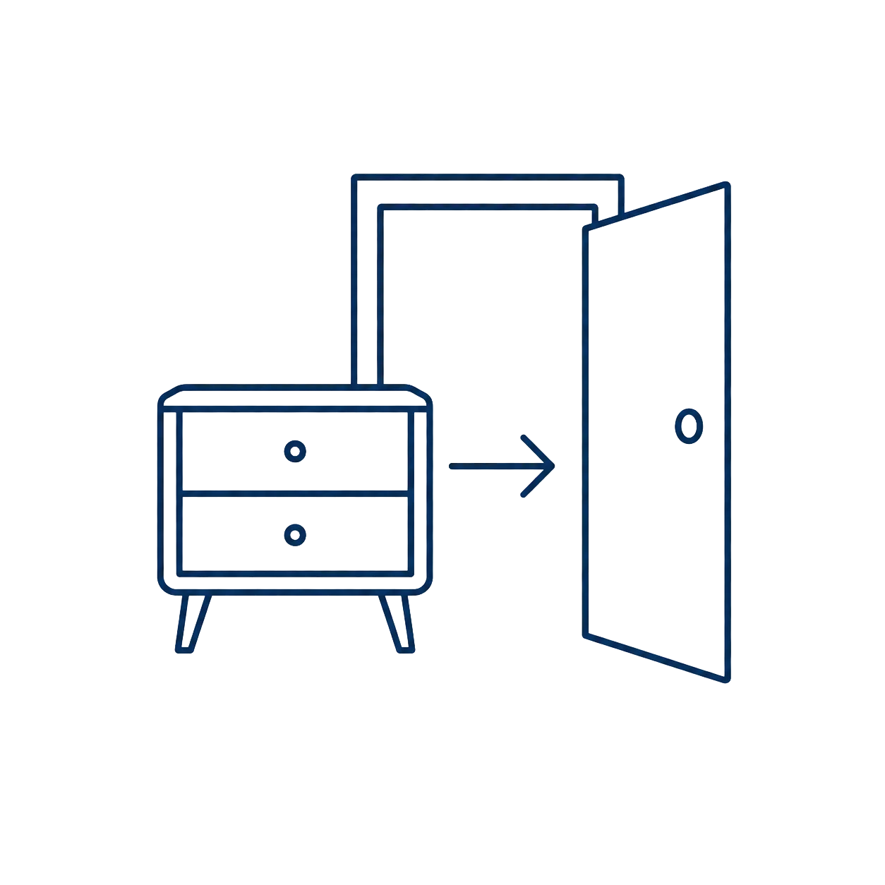 Minimal navy line icon showing a storage cabinet moving through an open doorway with a directional arrow, representing a delivery route or moving clearance check.