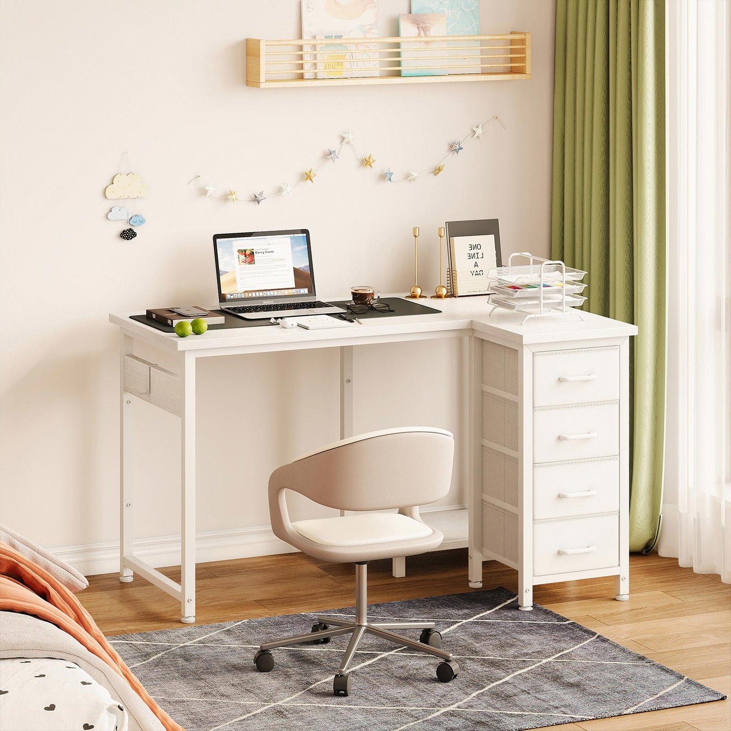 White 100cm x 70cm L-shaped desk with 4 fabric drawers in a bedroom study setup, featuring a right-side drawer cabinet, side storage pocket, and compact corner workspace design.