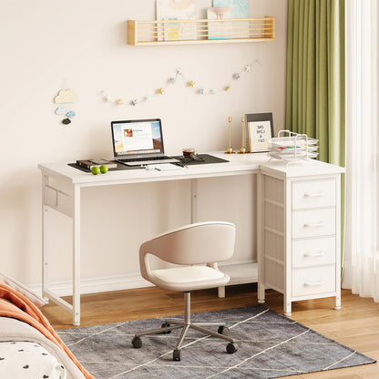 White 120cm x 70cm L-shaped desk with 4 fabric drawers in a bedroom workspace, offering a larger desktop surface, right-side drawer cabinet, and practical corner desk storage.