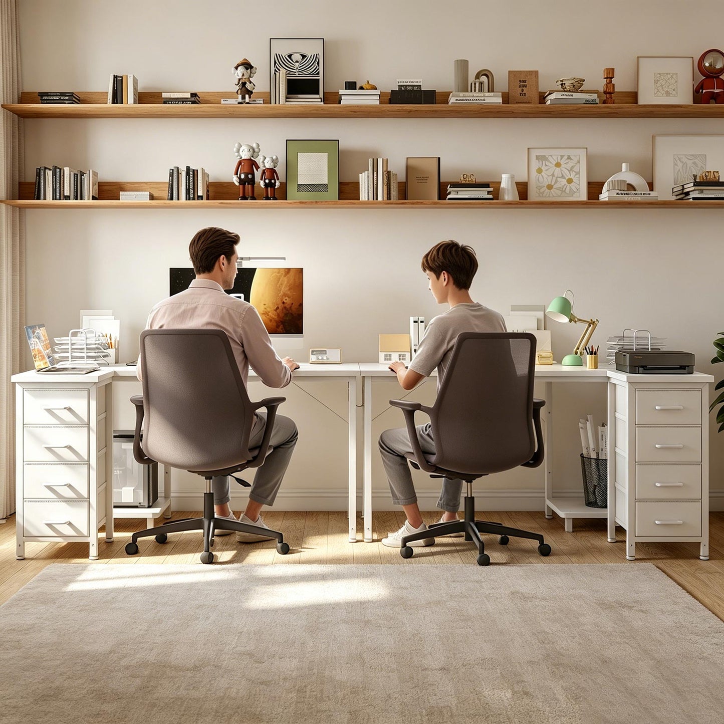 Two white desks with 4-drawer fabric storage cabinets arranged as a double workstation, suitable for shared home office, study room, or two-person workspace.