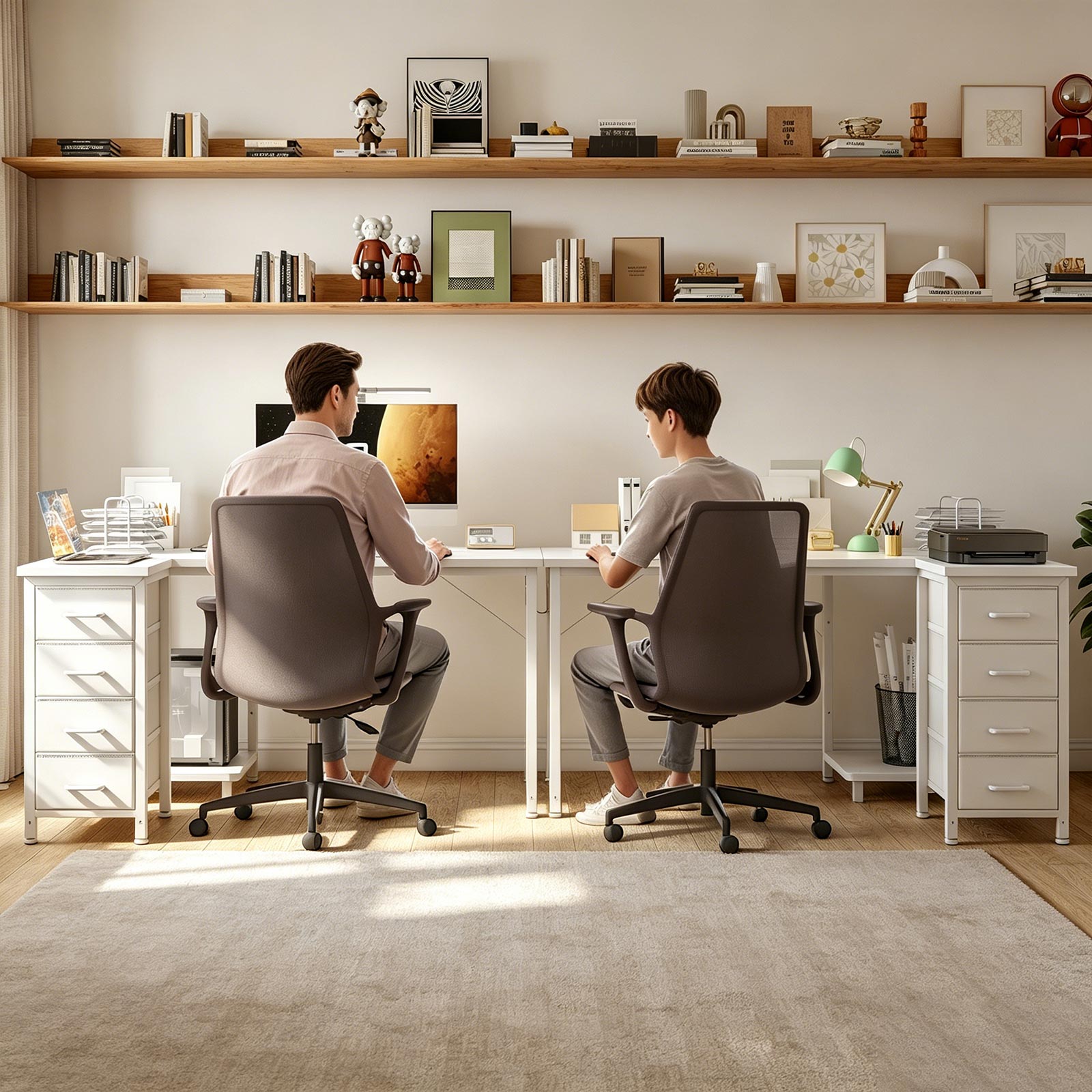 Two white desks with 4-drawer fabric storage cabinets arranged as a double workstation, suitable for shared home office, study room, or two-person workspace.
