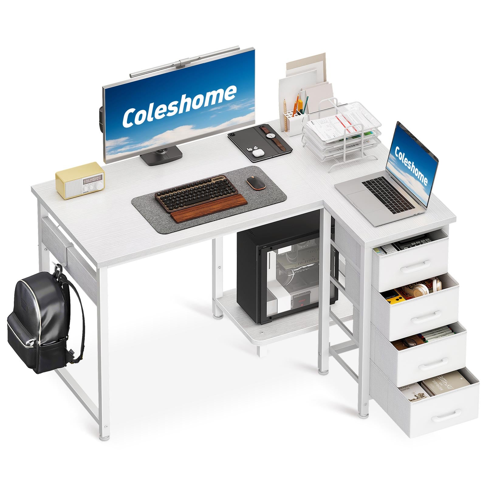 White L-shaped desk with 4 large-capacity fabric drawers shown in a product display view, featuring open drawers, side storage pocket, monitor area, and under-desk CPU shelf.