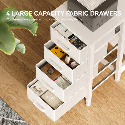 Close-up of 4 large-capacity fabric drawers on a white desk, showing organized storage for office supplies, books, calculator, headphones, and daily accessories.