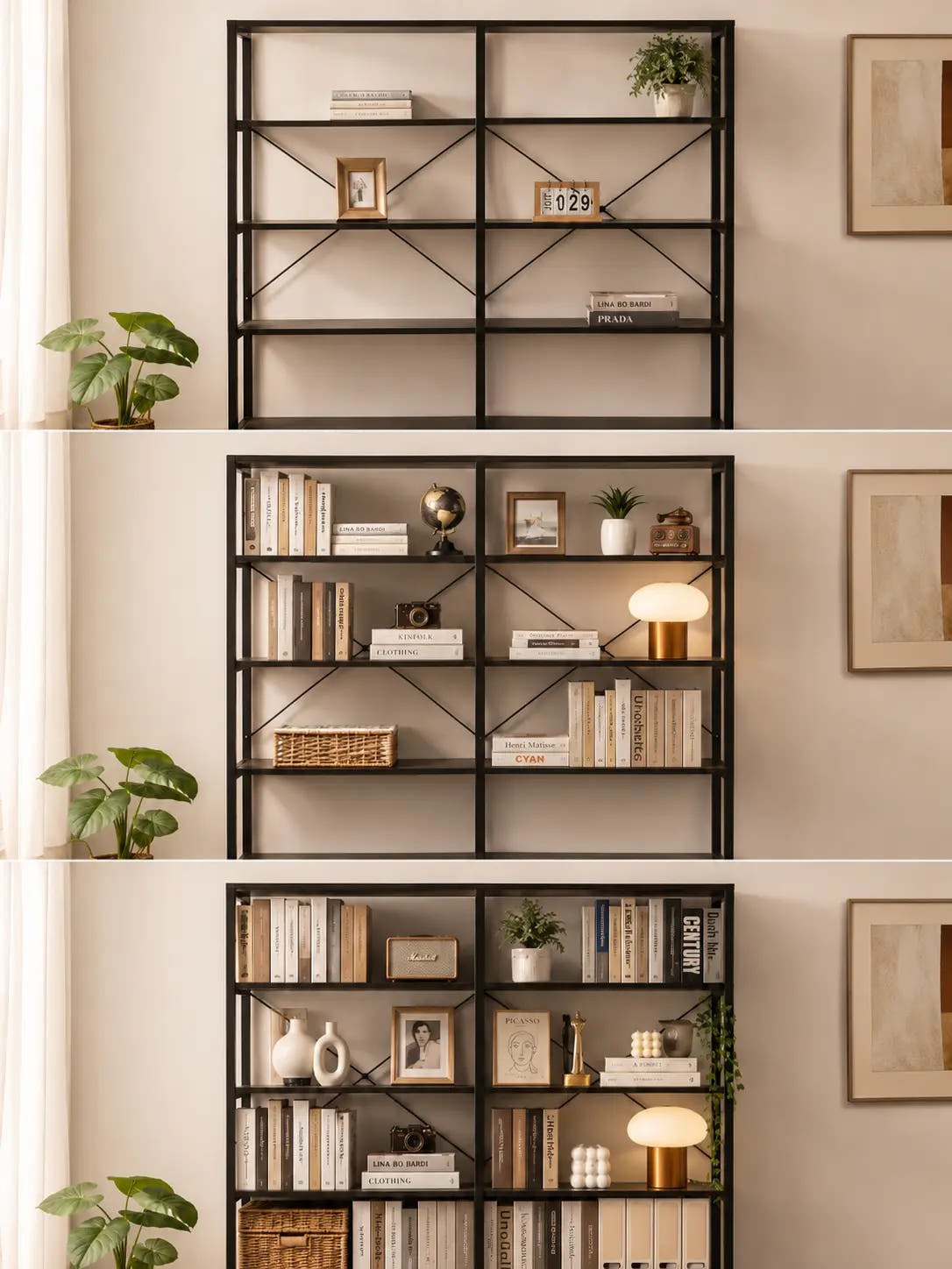 A bookcase in a small home shown from empty to full, with books, plants and everyday items arranged neatly to create more order and room for life.