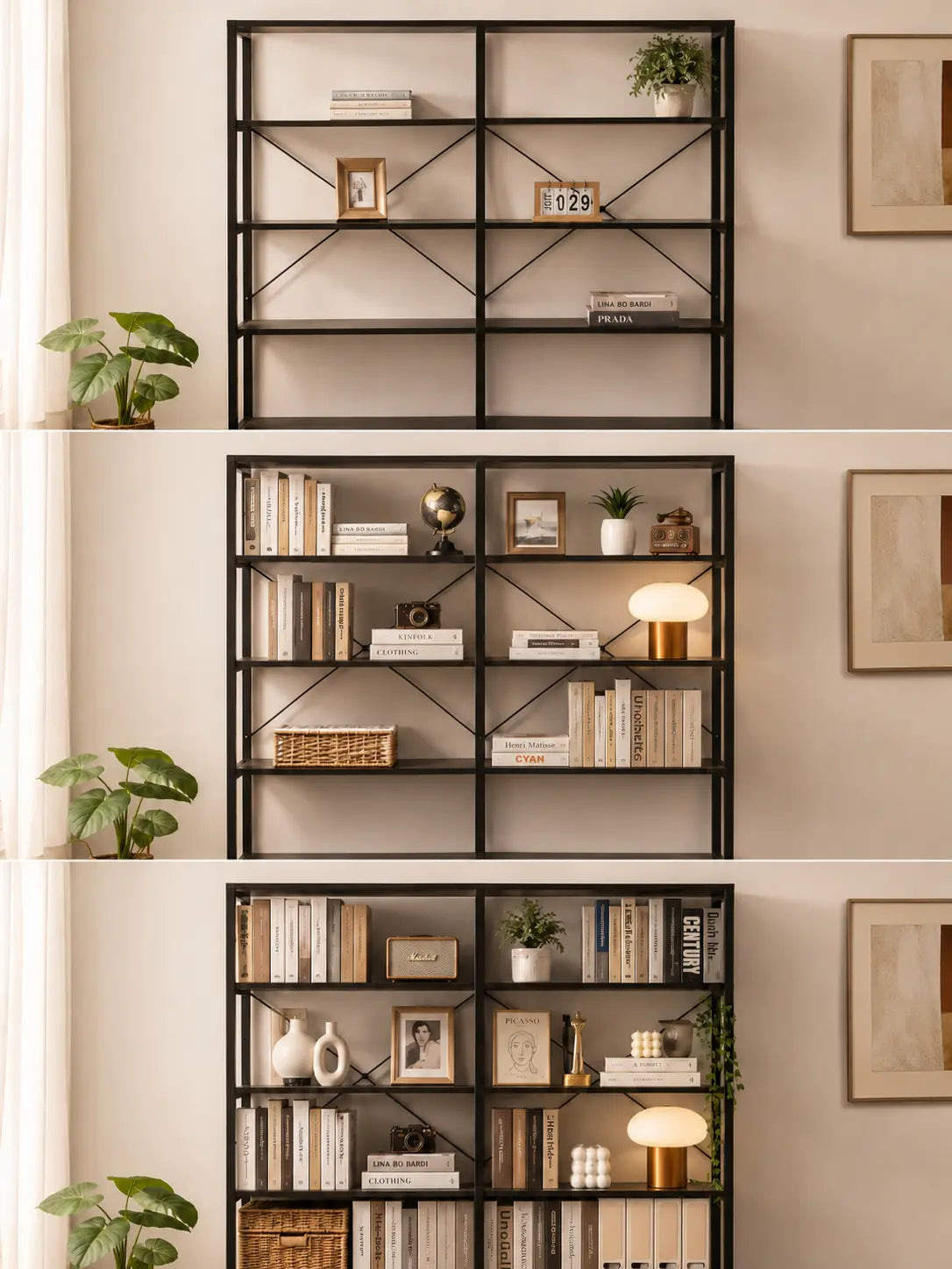 A bookcase in a small home shown from empty to full, with books, plants and everyday items arranged neatly to create more order and room for life.