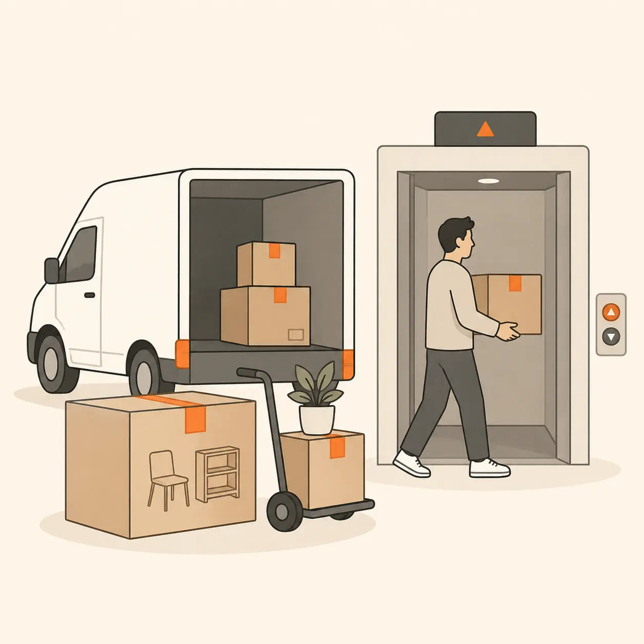 Flat vector icon showing moving boxes, a moving van and an elevator for the Coleshome Move On life stage.