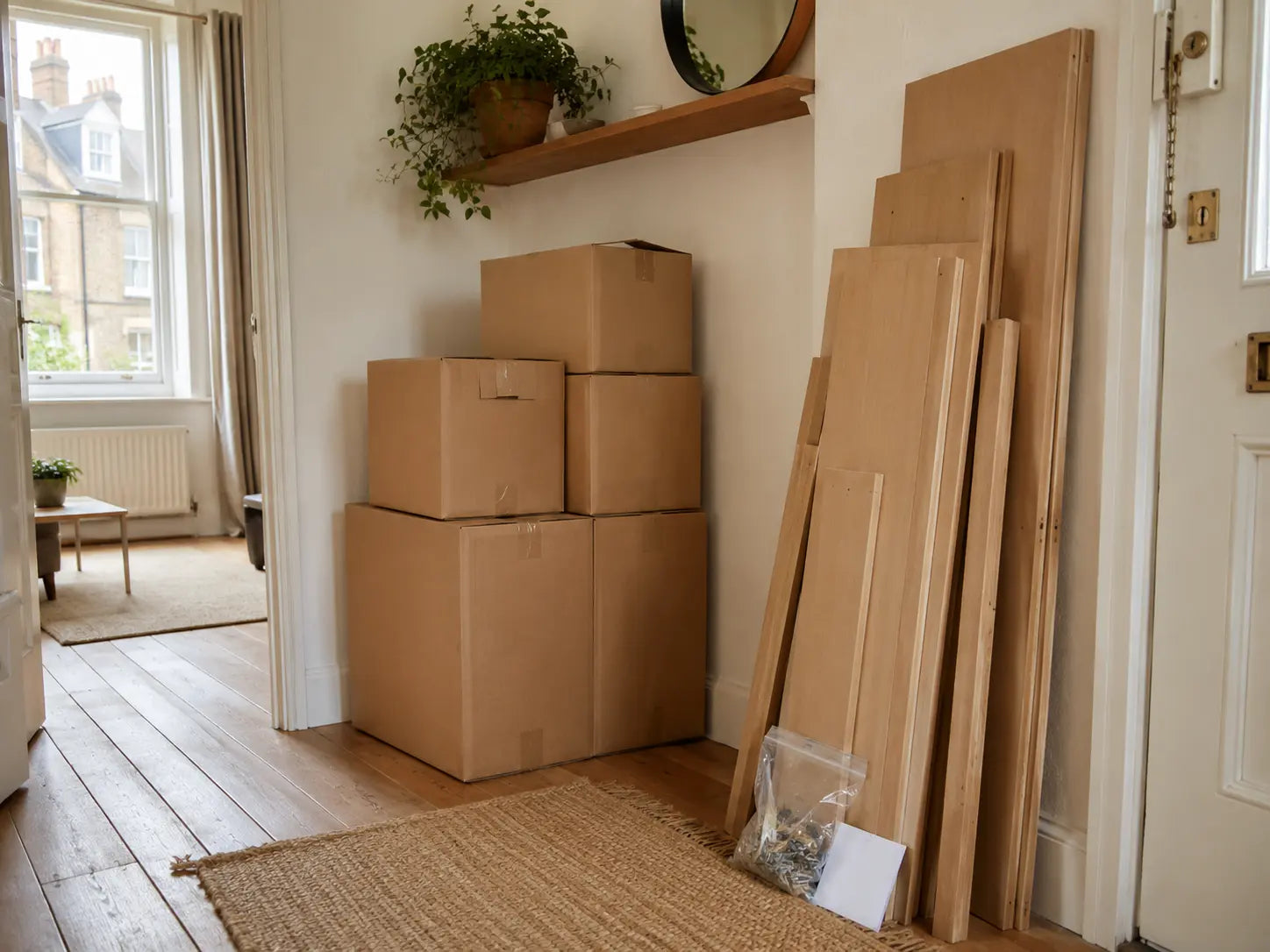 Dismantled wooden furniture panels, labelled hardware, and moving boxes in a calm European apartment hallway.