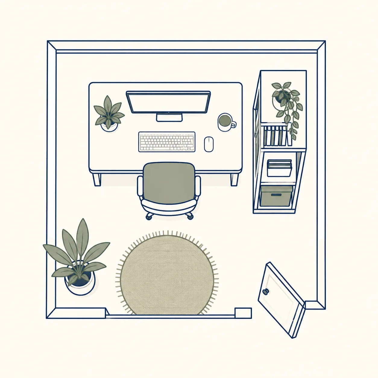 Top-down illustration of a compact home office corner with a desk, monitor, chair and bookcase for the Rearrange stage.