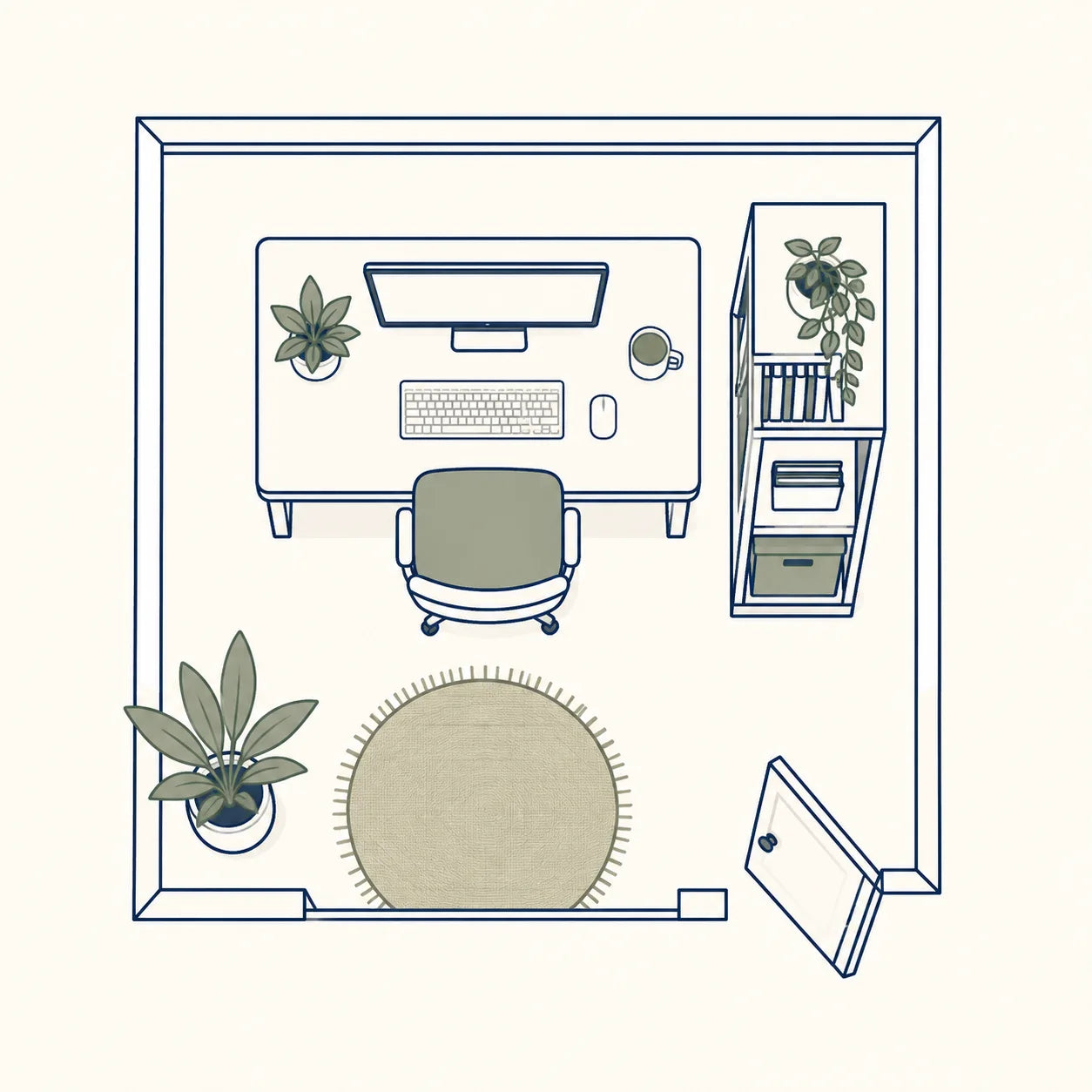 Top-down illustration of a compact home office corner with a desk, monitor, chair and bookcase for the Rearrange stage.