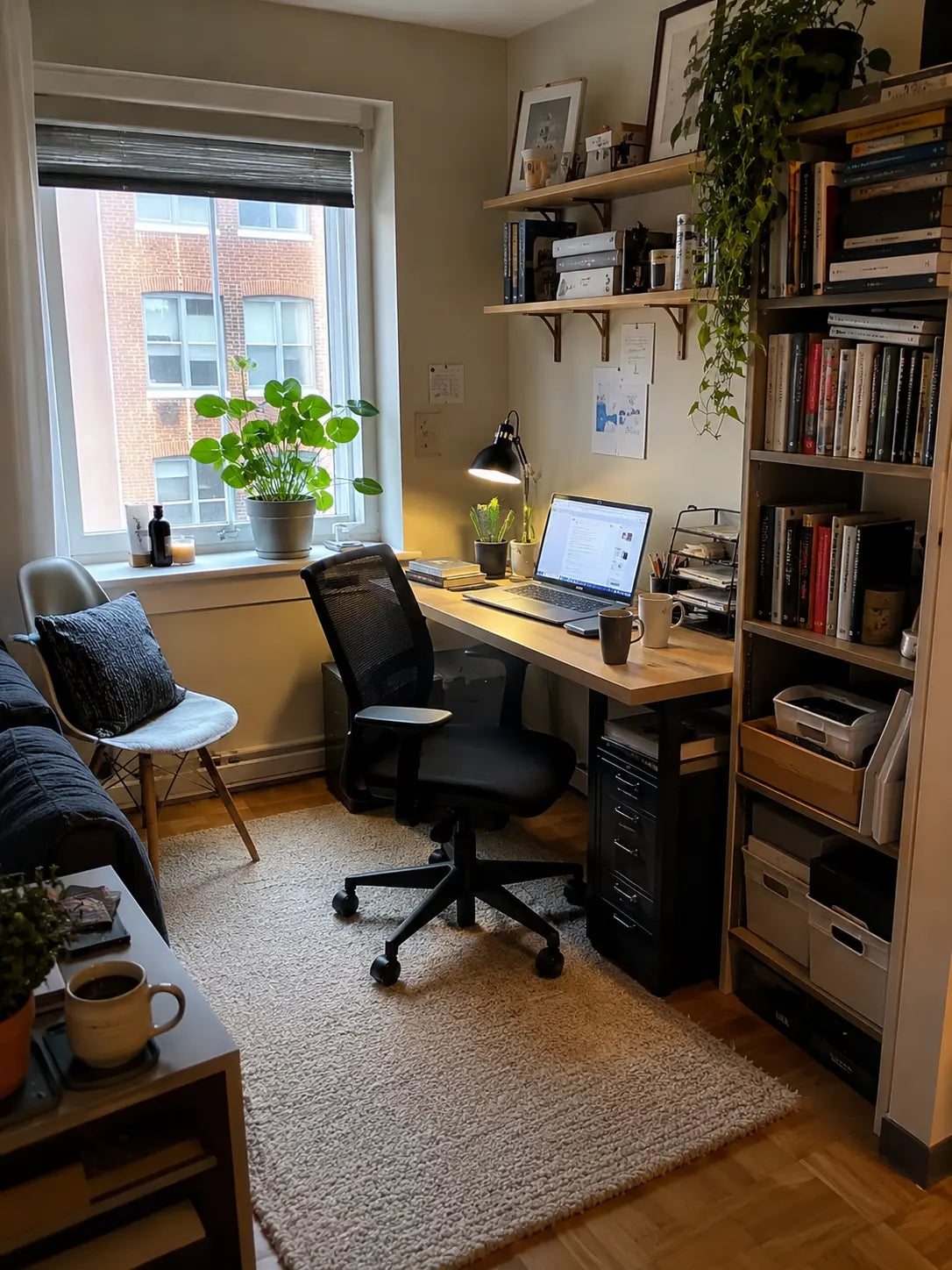 A reorganised home office corner for two people, with books, laptop, storage shelves and a tidy small-space apartment layout.
