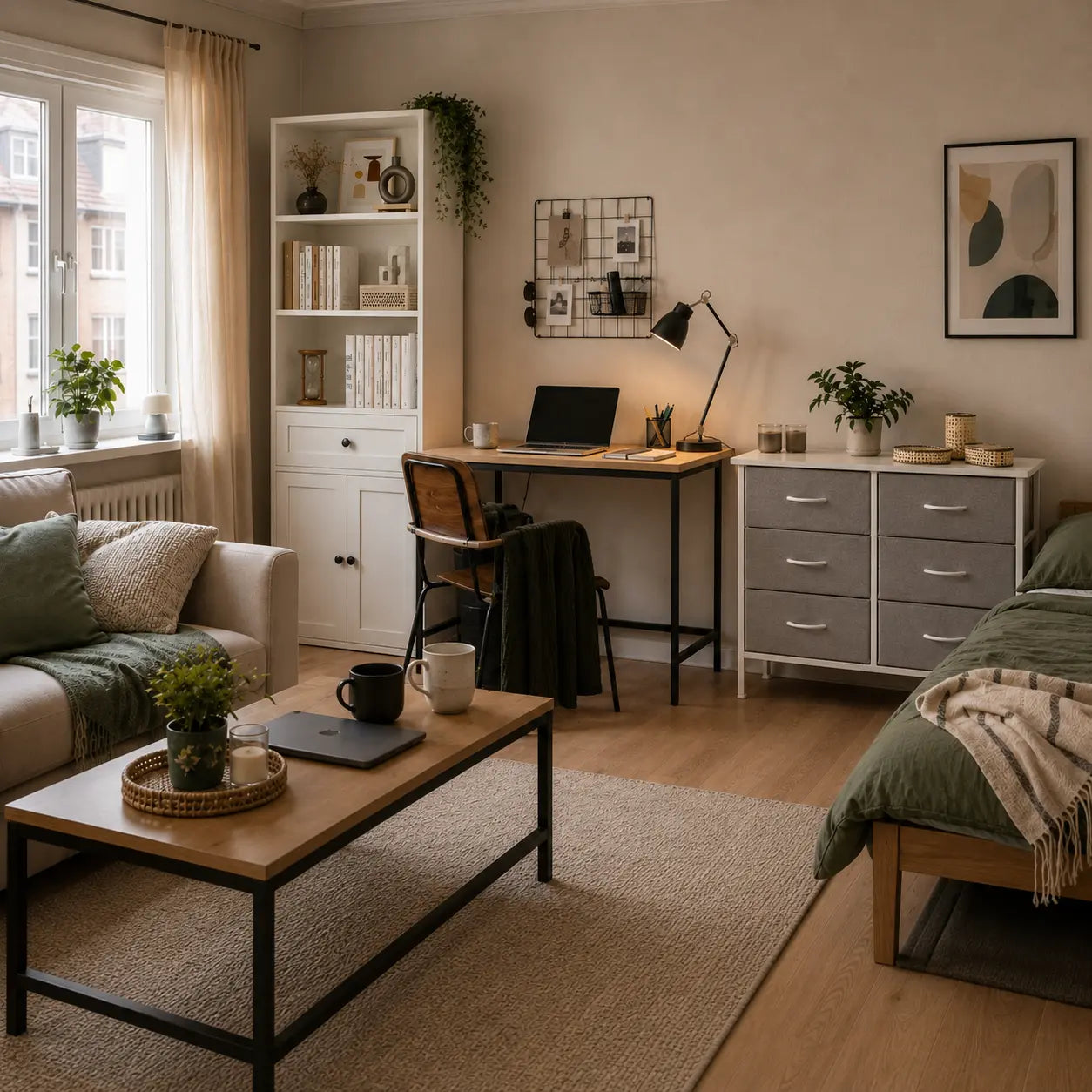 Rearranged small apartment corner with a Coleshome bookcase, fabric drawer cabinet and compact desk for shared living and working.