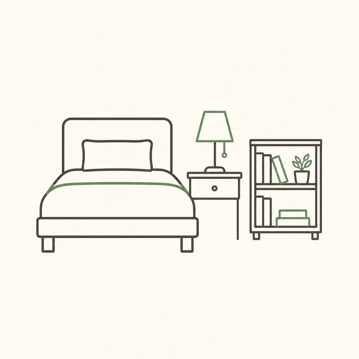 Settle In stage icon showing a single bed, small table lamp and bookcase for a first small bedroom setup.