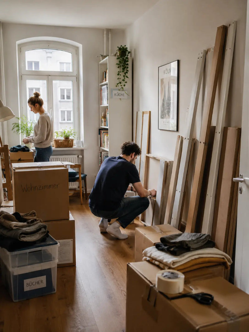 A young couple packing boxes and disassembling furniture in a compact European apartment, with storage bins and furniture panels neatly arranged.