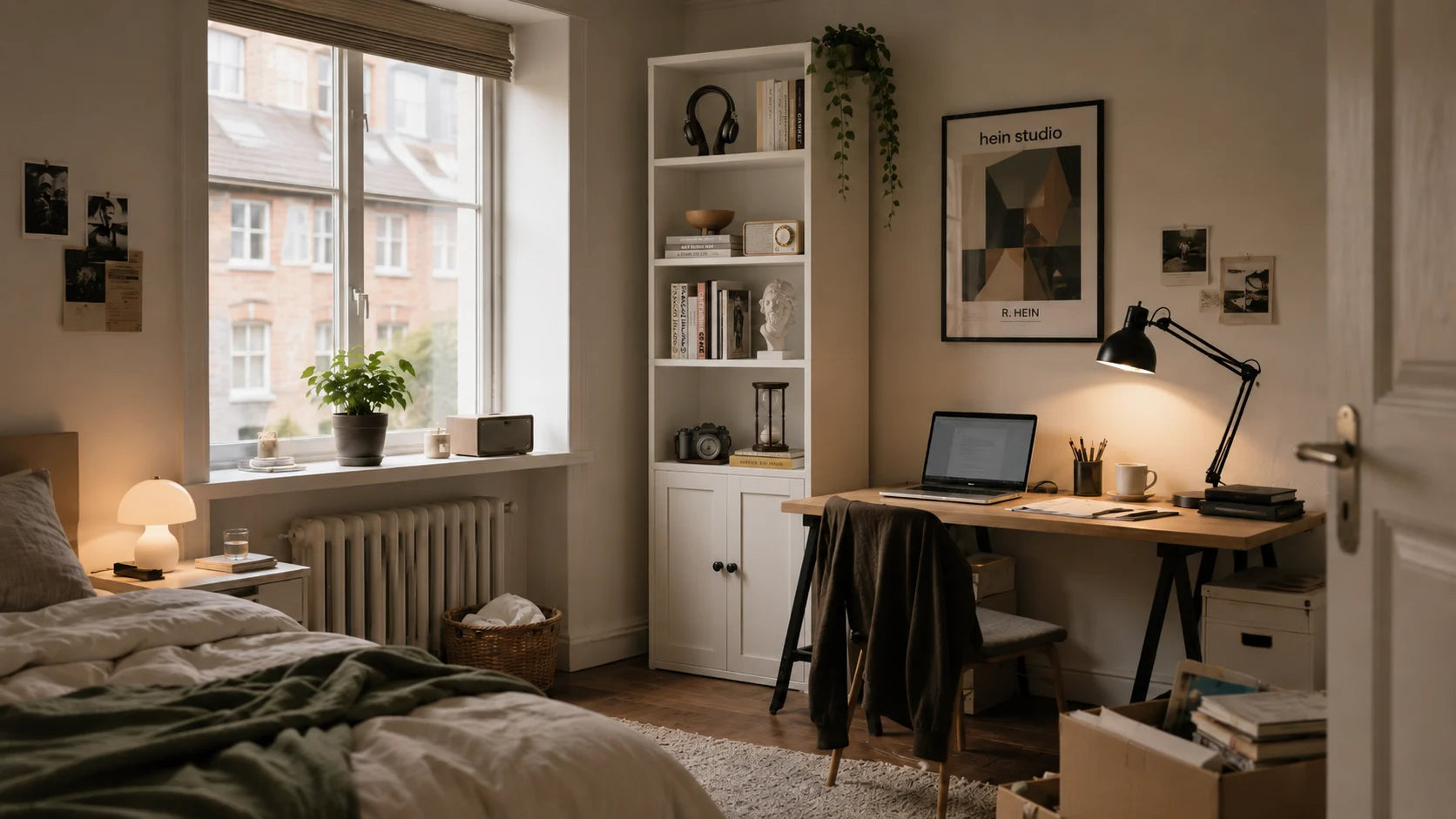 Cozy small European bedroom and home office corner featuring a Coleshome 5-tier bookcase with doors and drawers, a desk with computer and books, soft lighting from a desk lamp, and subtle lived-in touches, keeping the room organized and functional.