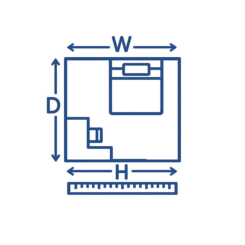 Minimal navy line art icon showing a top-down small room outline with W, D and H dimension labels and a ruler, used for Coleshome furniture size guide and small-space measuring tips.
