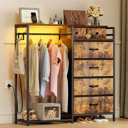 Rustic brown closet organizer dresser with hanging clothes rack, LED lighting, side hooks, and fabric drawers, designed for compact bedroom storage.
