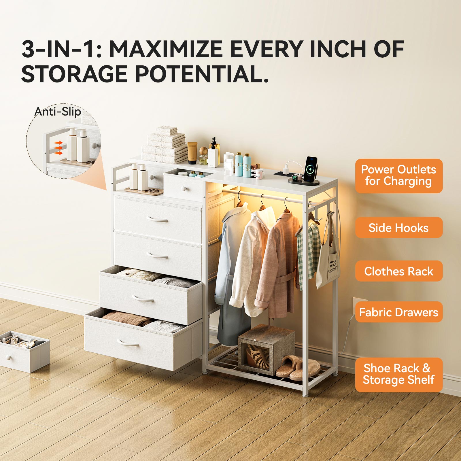 3-in-1 storage cabinet feature diagram showing fabric drawers, clothes rack, side hooks, built-in power outlets, and bottom shoe rack shelf for space-saving organization.