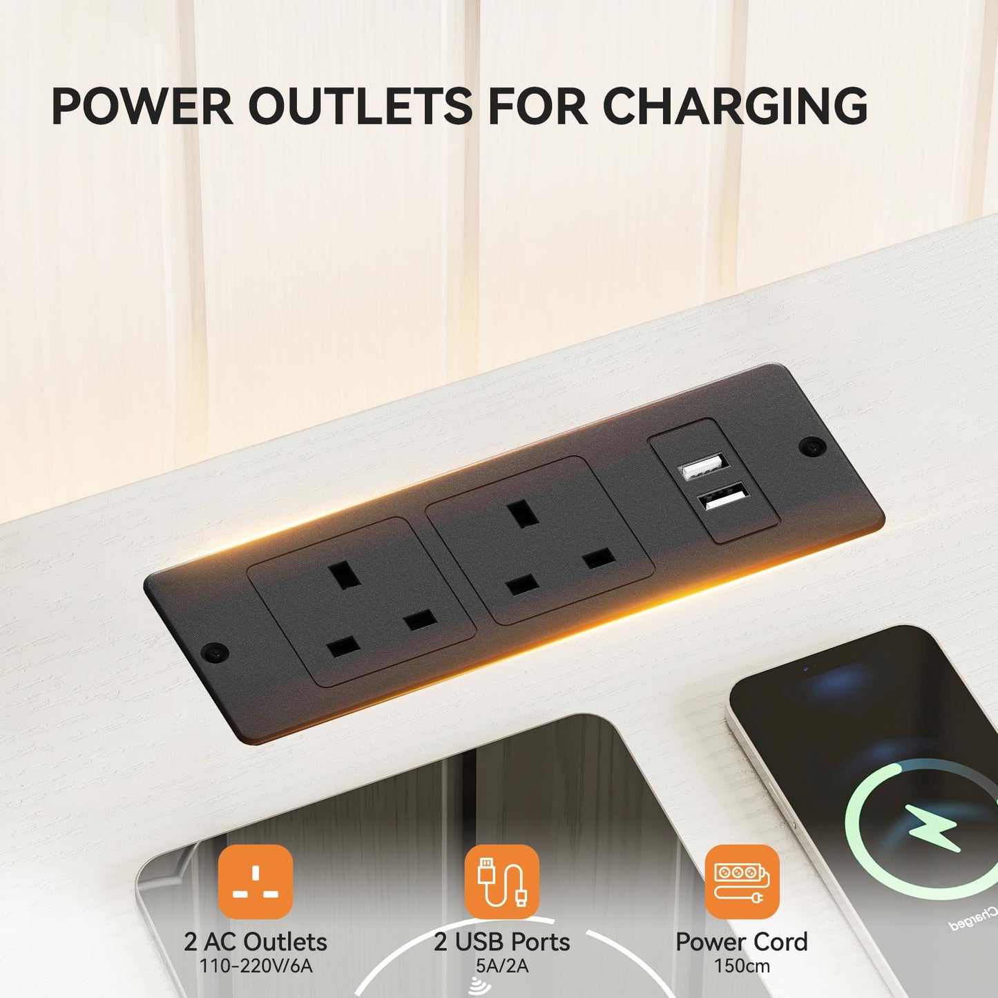 Built-in charging station on the storage cabinet top with 2 AC outlets and 2 USB ports, integrated into a white dresser and clothes rack organizer.