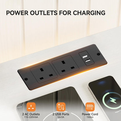 Built-in charging station on the storage cabinet top with 2 AC outlets and 2 USB ports, integrated into a white dresser and clothes rack organizer.
