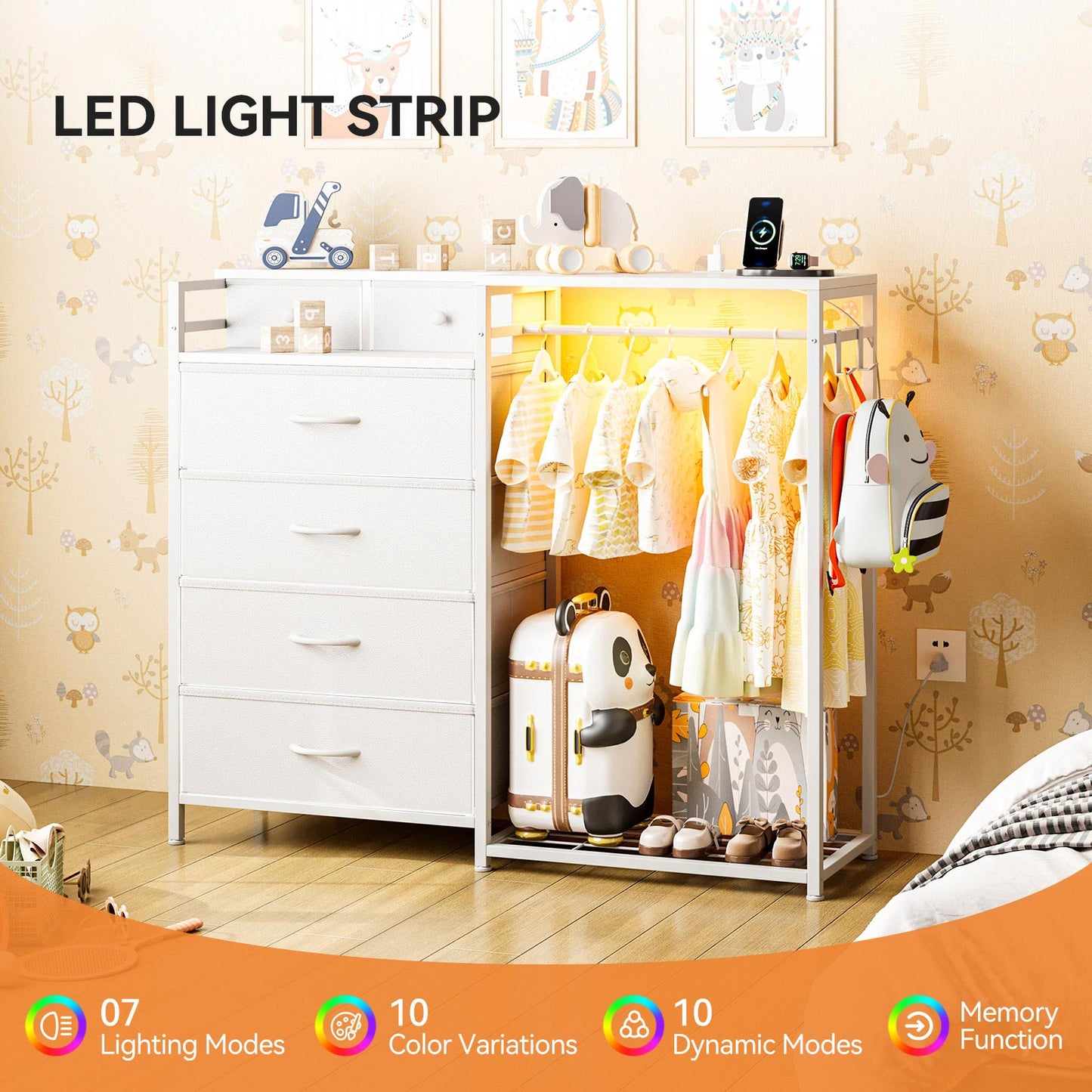 White kids room storage cabinet with hanging rod, fabric drawers, and LED light strip, used as a children’s closet organizer with illuminated clothing storage.