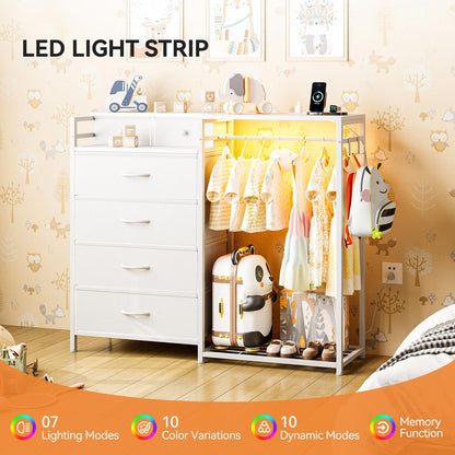 White kids room storage cabinet with hanging rod, fabric drawers, and LED light strip, used as a children’s closet organizer with illuminated clothing storage.