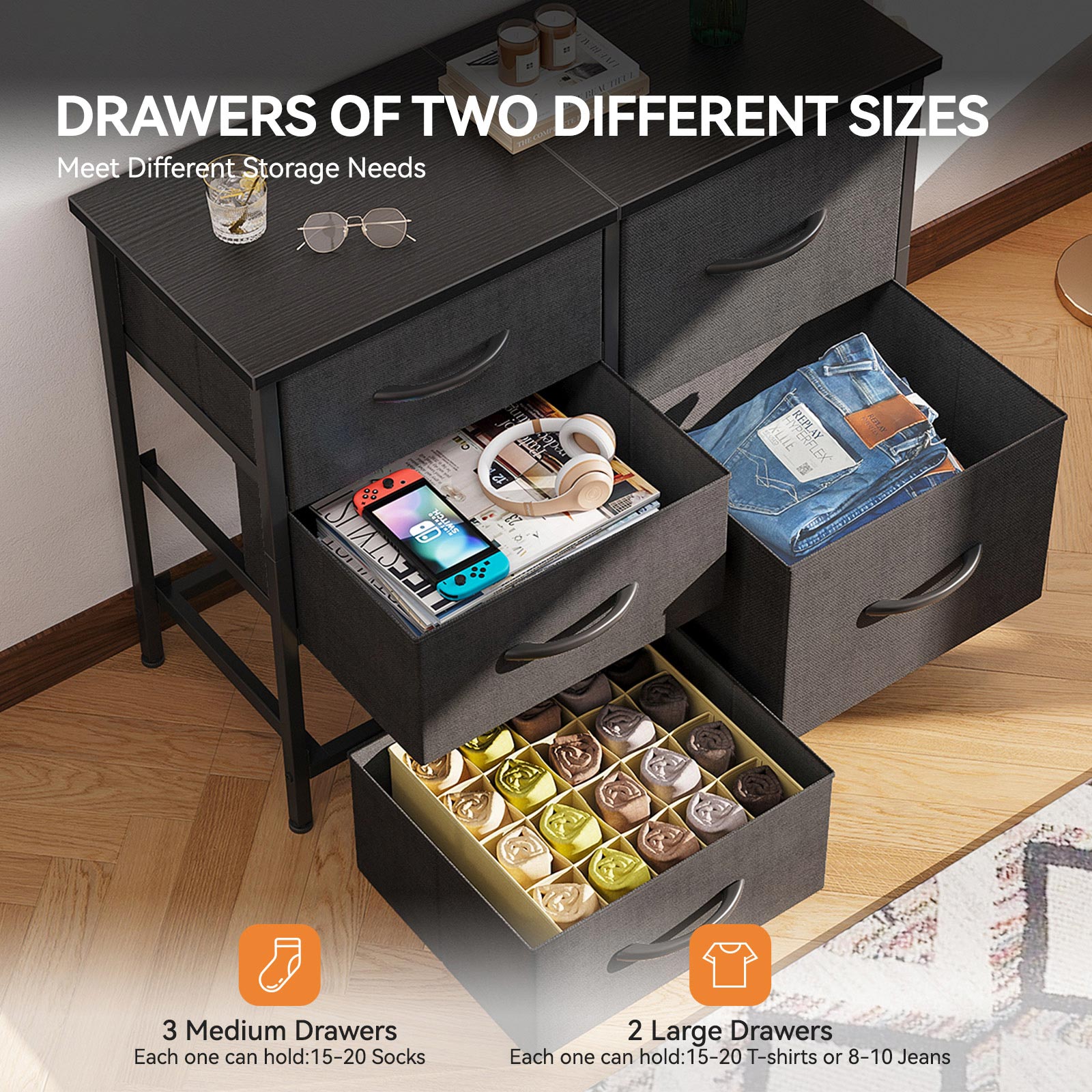 Top-view of black double-wide 3-tier 5-drawer fabric dresser with 3 medium drawers and 2 large drawers open, showing mixed-size storage for socks, T-shirts, jeans, and accessories.