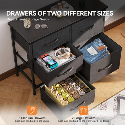 Top-view of black double-wide 3-tier 5-drawer fabric dresser with 3 medium drawers and 2 large drawers open, showing mixed-size storage for socks, T-shirts, jeans, and accessories.