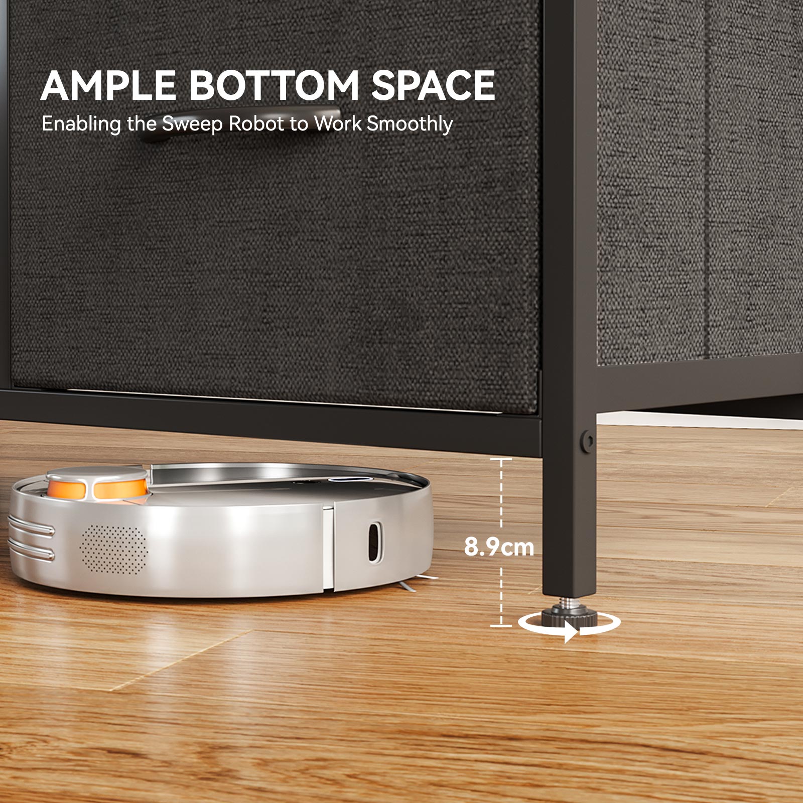 Close-up of the bottom clearance on a black double-wide 3-tier 5-drawer fabric dresser, showing 8.9 cm leg height for robot vacuum access and easy floor cleaning.