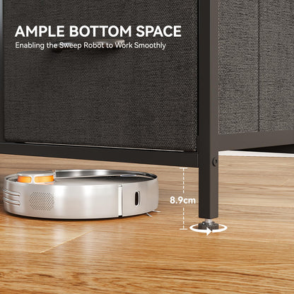 Close-up of the bottom clearance on a black double-wide 3-tier 5-drawer fabric dresser, showing 8.9 cm leg height for robot vacuum access and easy floor cleaning.