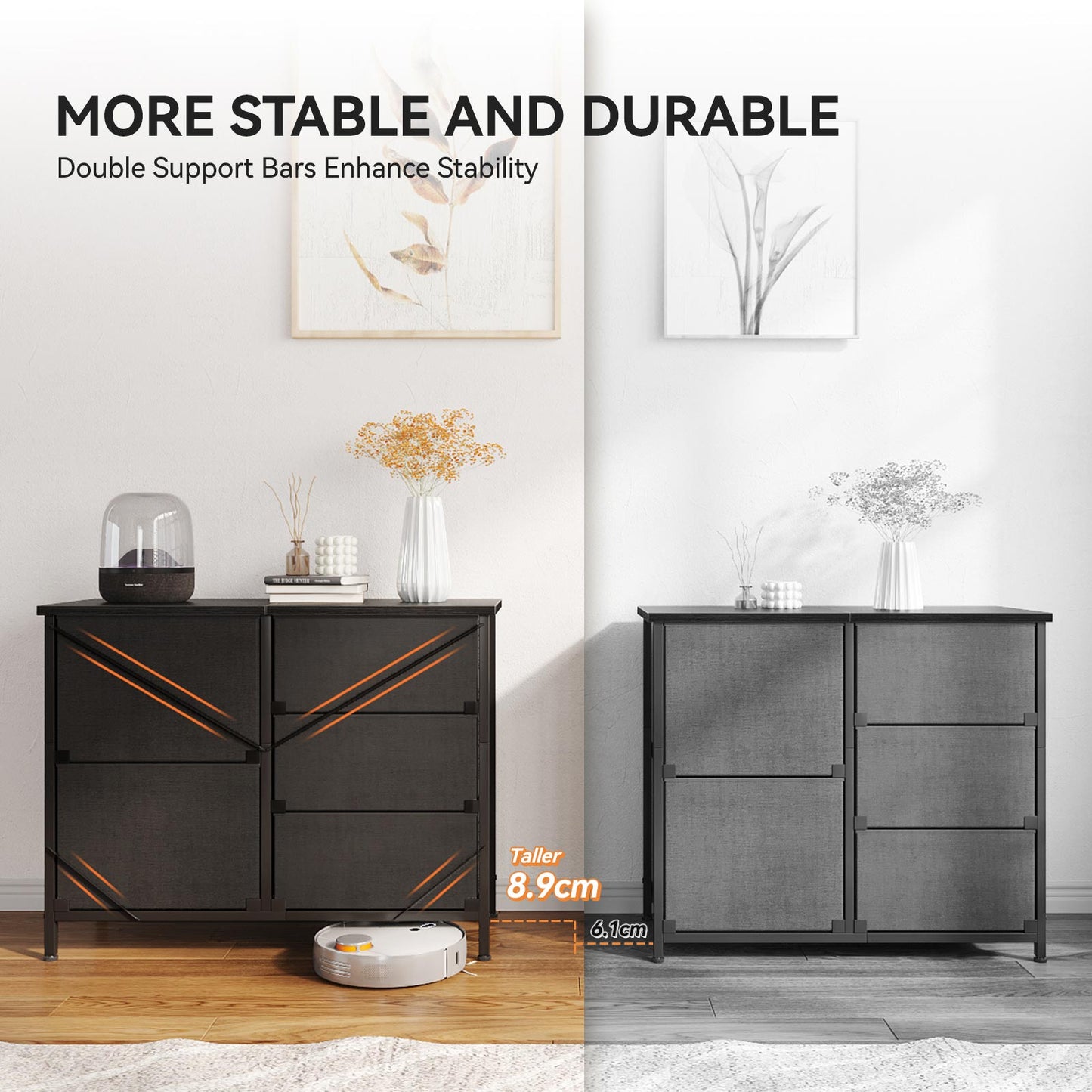 Stability comparison infographic of a double-wide 3-tier 5-drawer fabric dresser, highlighting double support bars for a stronger and more durable frame than standard designs.