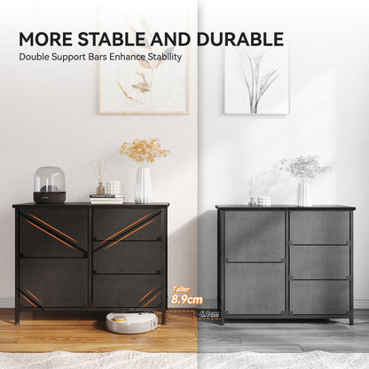 Stability comparison infographic of a double-wide 3-tier 5-drawer fabric dresser, highlighting double support bars for a stronger and more durable frame than standard designs.