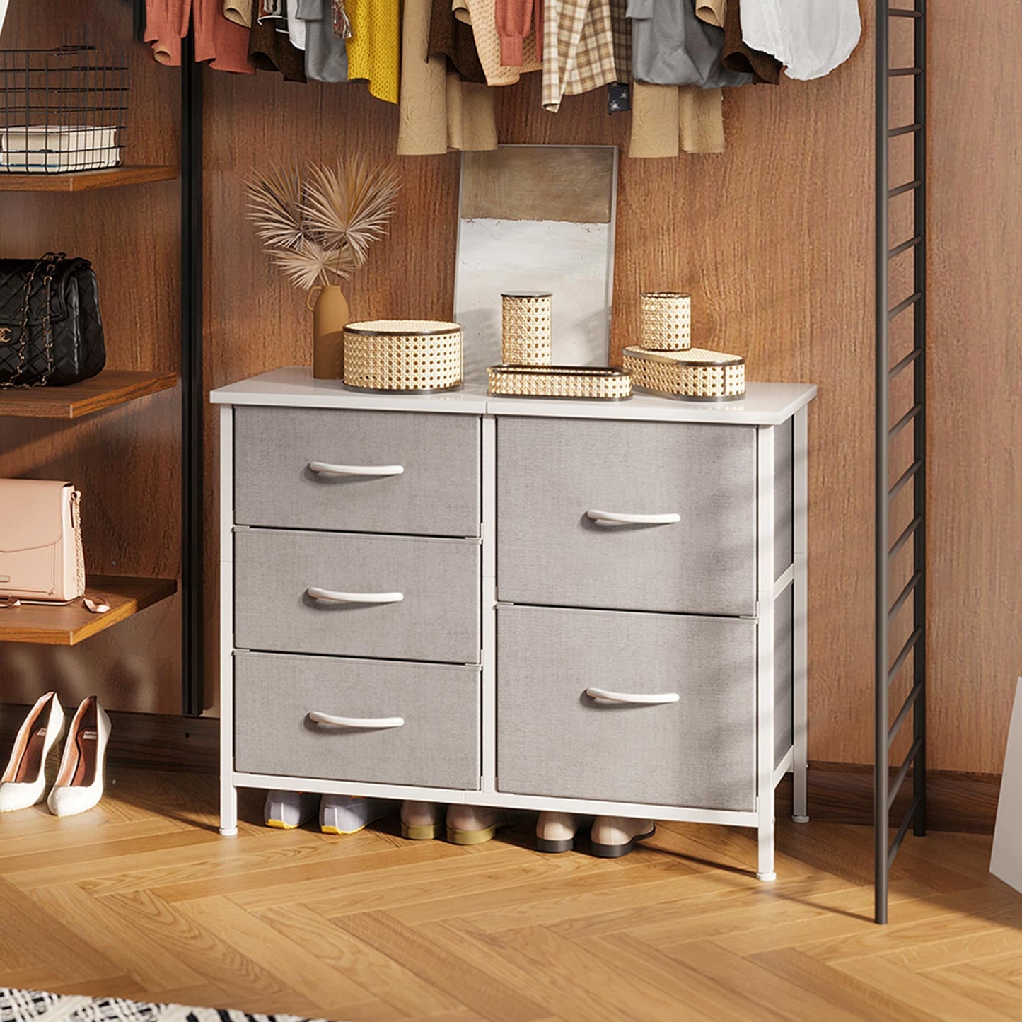 Light gray and white double-wide 3-tier 5-drawer fabric dresser with wood top and metal frame, closet organizer cabinet for folded clothes and shoes in a wardrobe room.