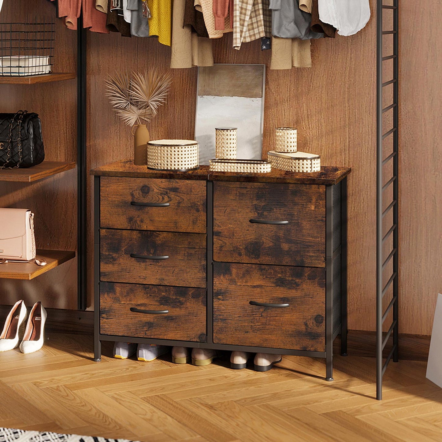 Rustic brown wood-grain double-wide 3-tier 5-drawer fabric dresser with black metal frame, horizontal storage cabinet for closet organization and bedroom clothing storage.